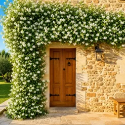 Trachelospermum jasminoides en floración con flores blancas en forma de estrella