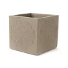 Maceta Cubo 25x25 Mandala de fibrocemento El Fausto, maceta artesanal decorativa con relieve en tonos gris, blanca, marfil o simil piedra