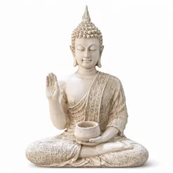 figura buda decorativo con cuenco y mano en bendicion color piedra