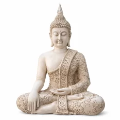 figura buda decorativo clasico sentado con detalles tallados color piedra