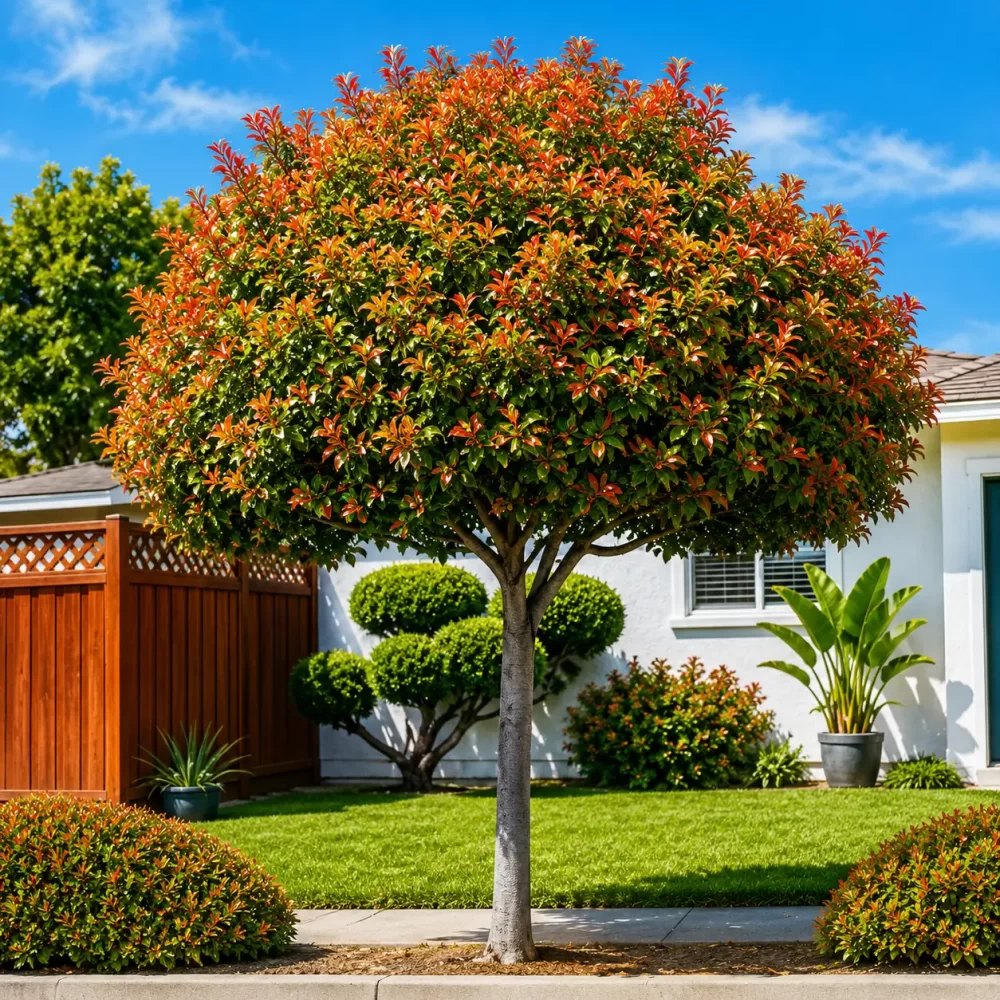 Photinia árbol en maceta de 12 litros con follaje rojo y verde ornamental para jardín