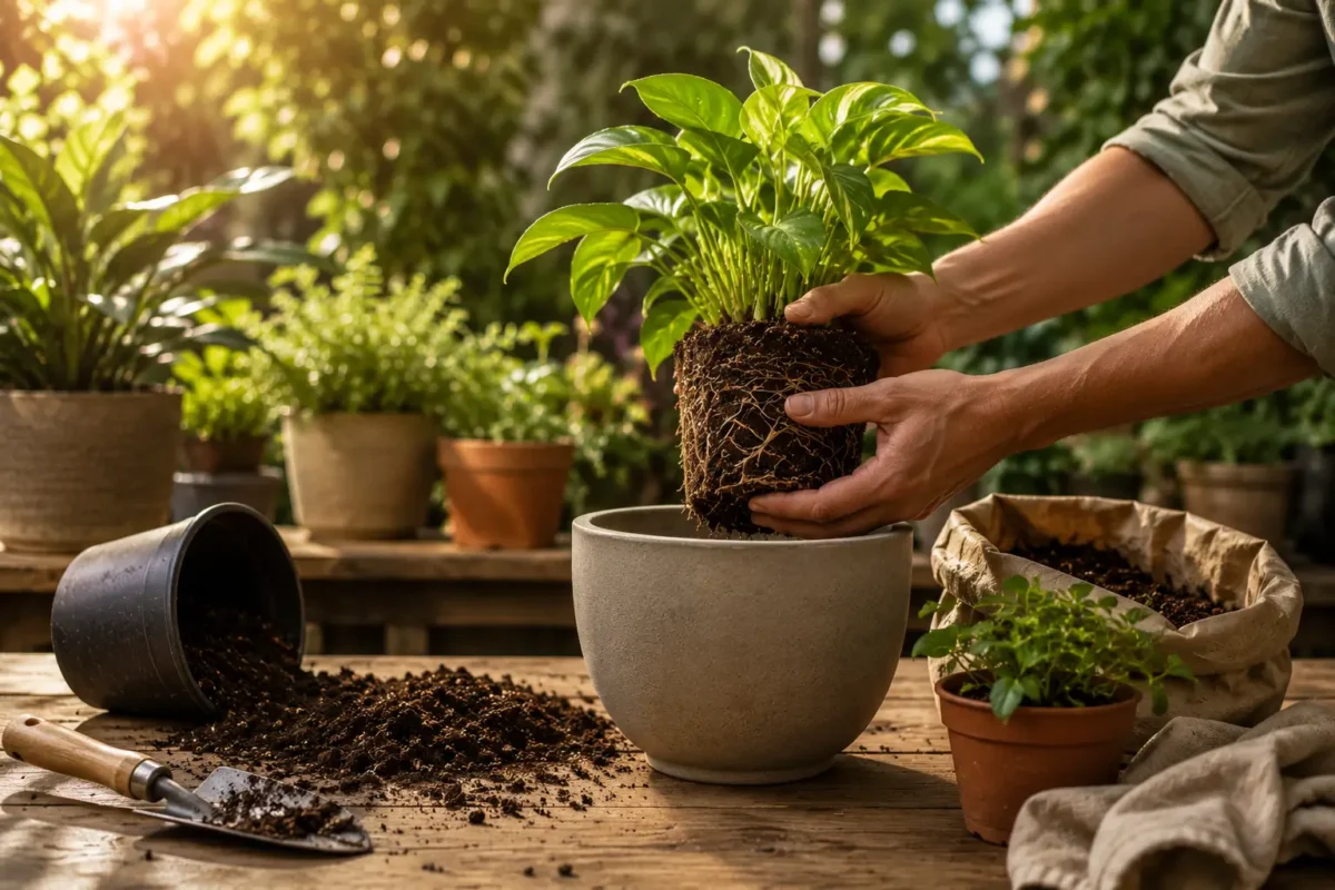 Persona trasplantando una planta ornamental a una maceta más grande utilizando sustrato de calidad y herramientas de jardinería