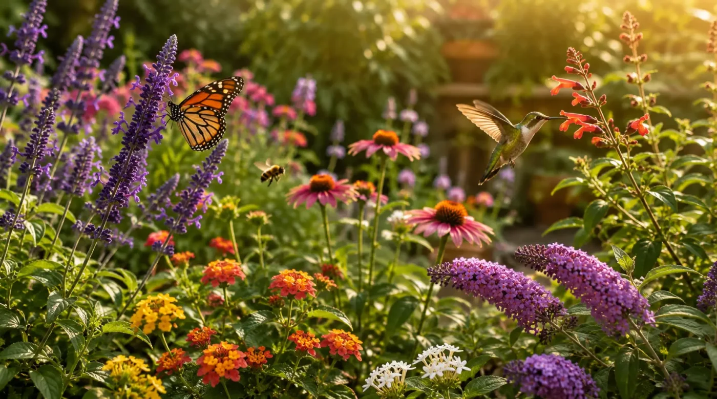 Jardín con lavandas, salvias, agapantos y callistemon atrayendo mariposas, abejas y colibríes durante la hora dorada