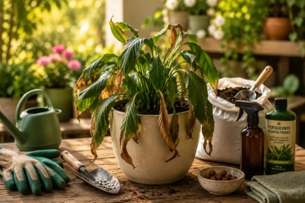 Persona revisando y recuperando una planta marchita con hojas secas, sustrato nuevo y herramientas de jardinería