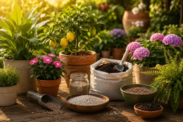 Diferentes fertilizantes para plantas junto a macetas, flores, cítricos y herramientas de jardinería