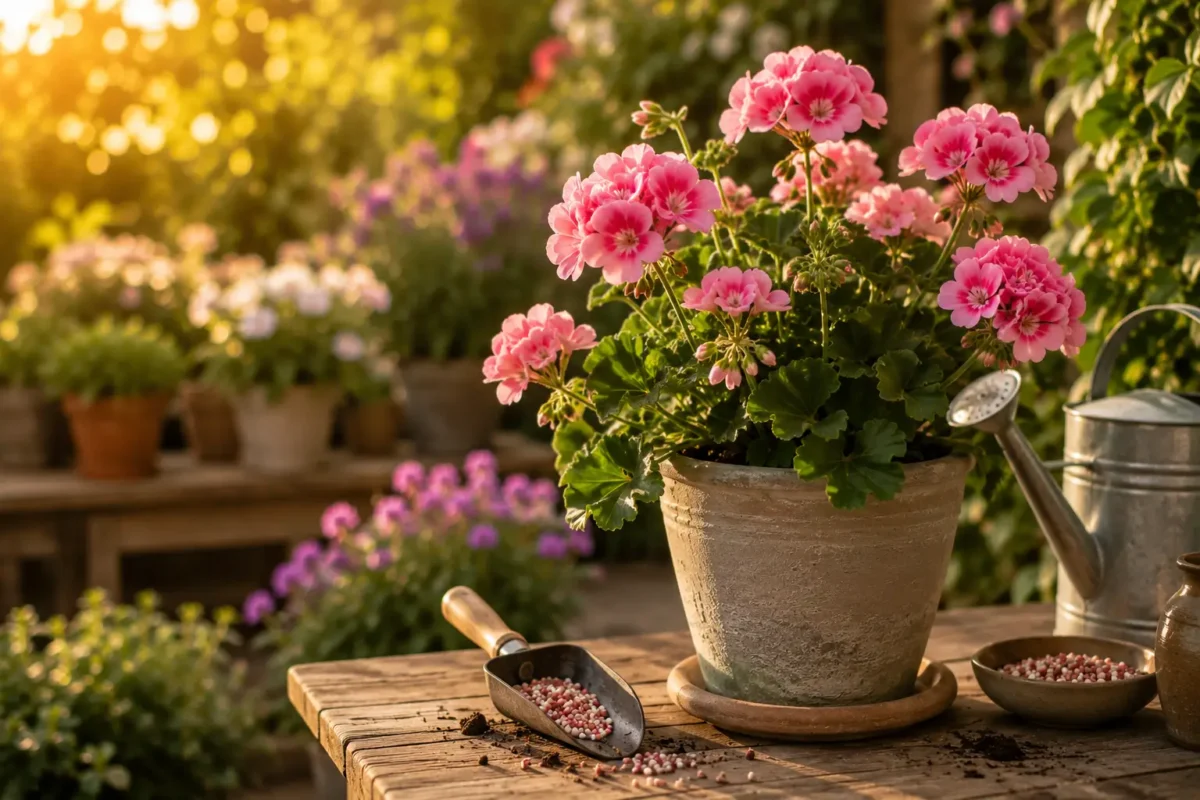 Planta ornamental con abundantes flores después de recibir fertilizante, poda, riego y cuidados adecuados