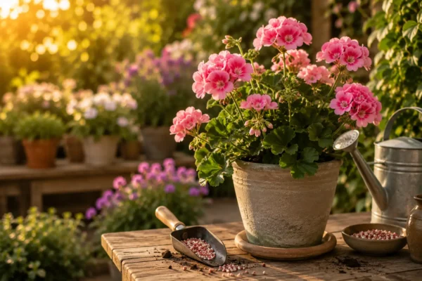 Planta ornamental con abundantes flores después de recibir fertilizante, poda, riego y cuidados adecuados