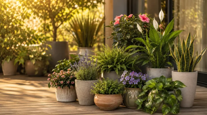 Colección de plantas ornamentales en macetas decorativas sobre una terraza con abundante luz natural y vegetación saludable
