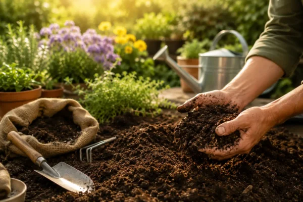 Persona preparando tierra fértil con compost y herramientas antes de plantar en un jardín