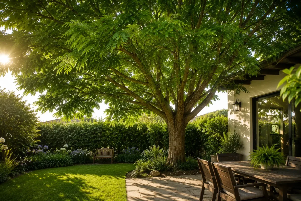 Árbol de gran copa proporcionando abundante sombra sobre un jardín residencial con césped y plantas ornamentales