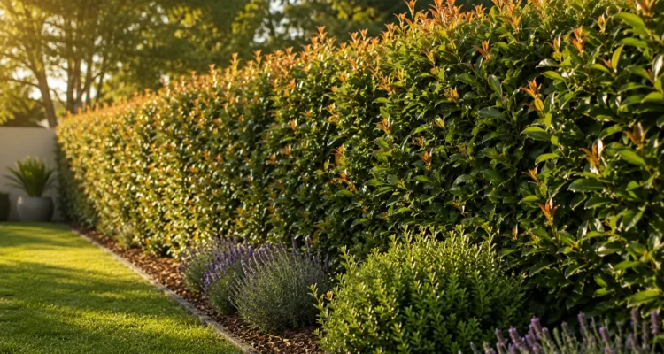 Cerco vivo de Photinia y Ciprés Leylandii formando una barrera verde densa en un jardín residencial