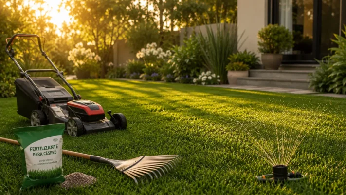 Césped verde y saludable recién cortado en un jardín residencial con sistema de riego y plantas ornamentales
