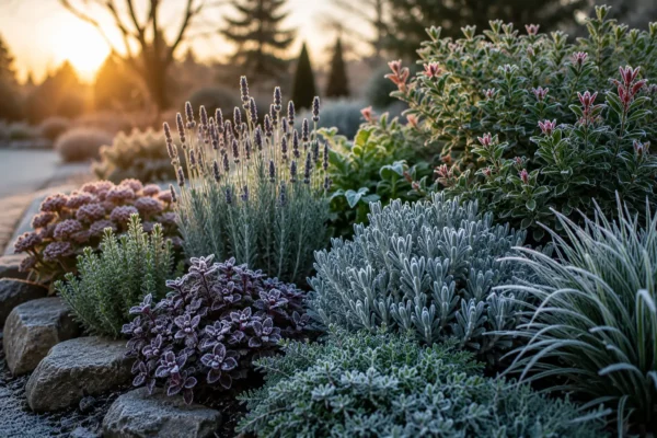 Jardín de invierno con plantas resistentes a las heladas, arbustos verdes y hojas cubiertas por una fina capa de escarcha
