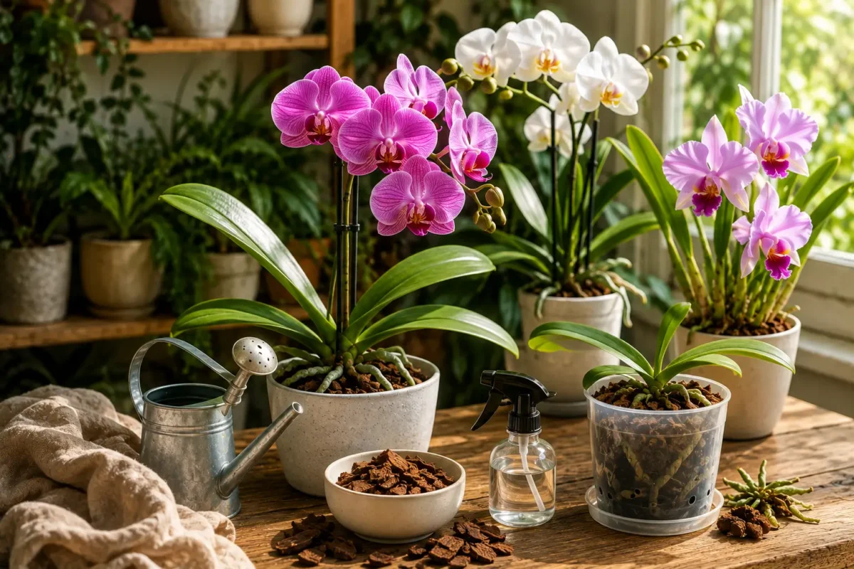 Orquídea Phalaenopsis con flores blancas en una maceta transparente mostrando raíces sanas y sustrato de corteza de pino