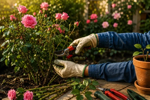 Persona podando un rosal con tijera de jardinería para retirar ramas secas y estimular una floración abundante