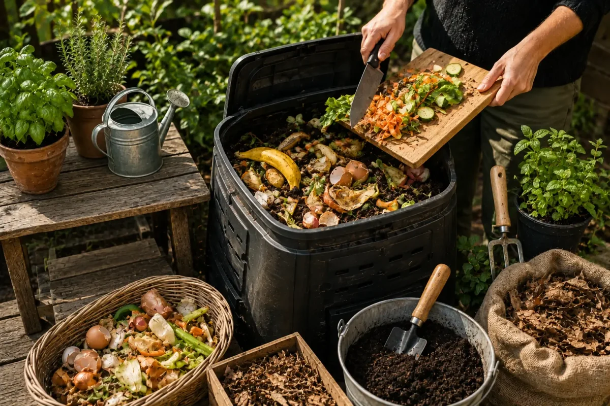 Persona preparando compost casero con hojas secas, restos de frutas, verduras y herramientas de jardinería en una compostera