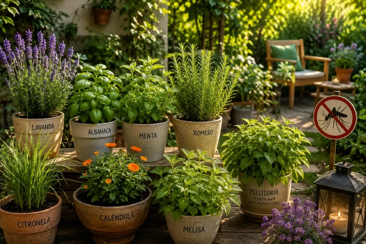 Jardín con citronela, lavanda, romero y otras plantas aromáticas cultivadas en macetas y canteros para complementar la prevención de mosquitos