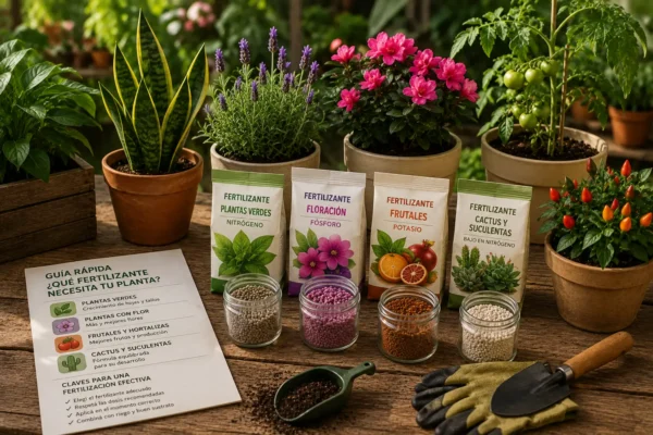 Distintos fertilizantes para plantas, césped y huerta junto a macetas con especies ornamentales y aromáticas